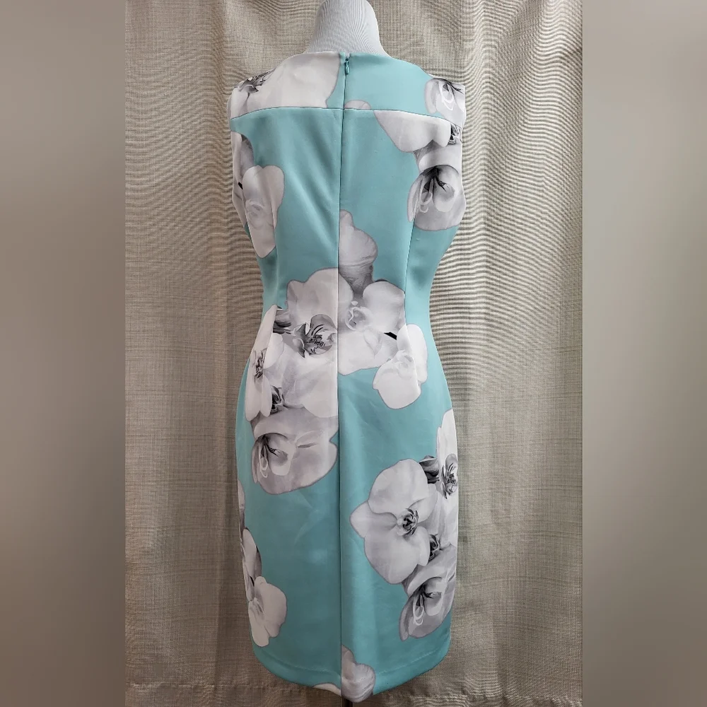 Calvin Klein Midi Sheath Dress Robin Egg Blue White Floral Church Career Size 12 - Picture 3 of 12